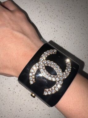 CHANEL Black Resin Cuff with Crystal-Embellished Gold CC